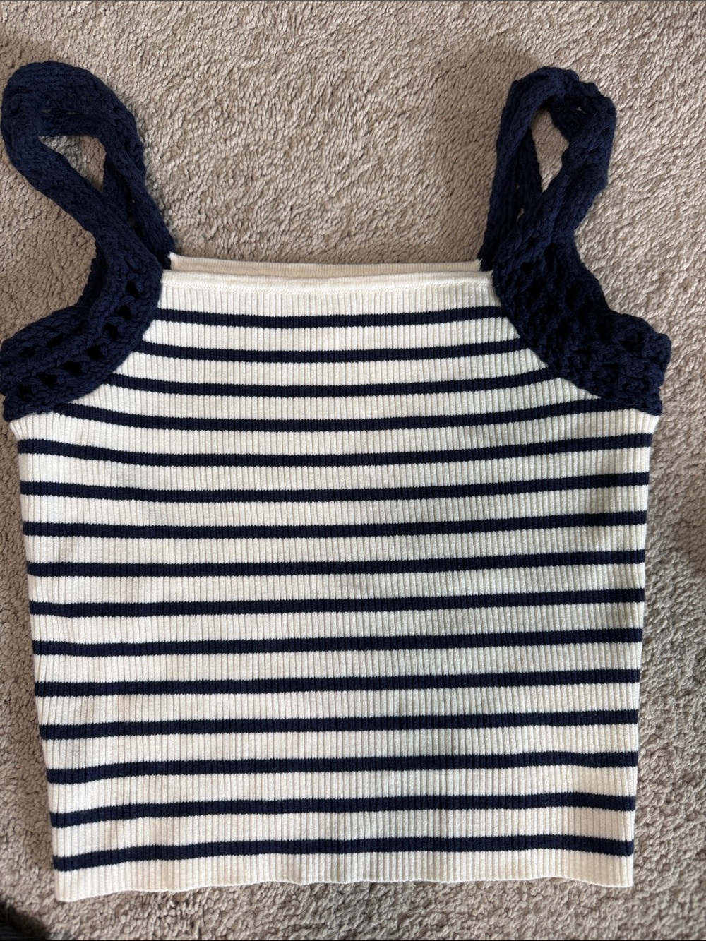 aerie Navy and White Striped Knit Tank with Crochet Straps